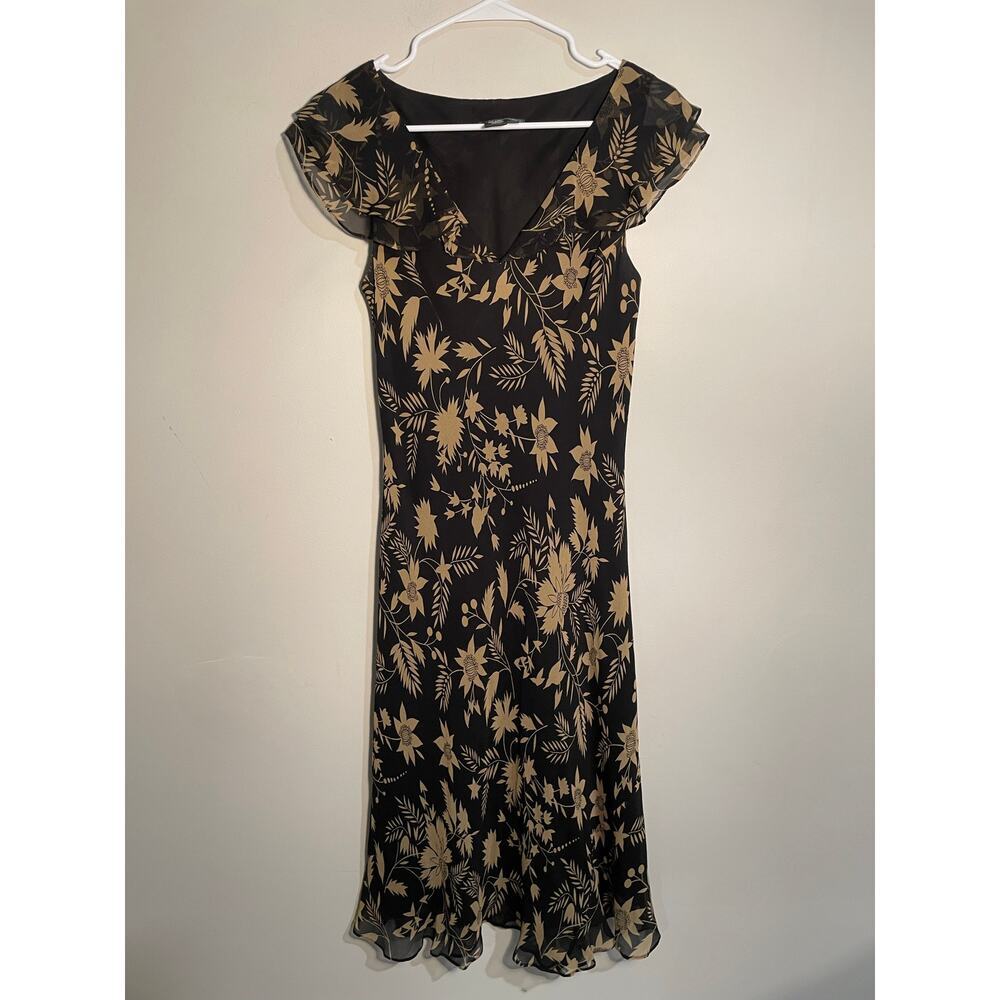 Vintage Lauren Ralph Lauren Black Floral Silk Short‎ Flutter Sleeve Midi Dress
